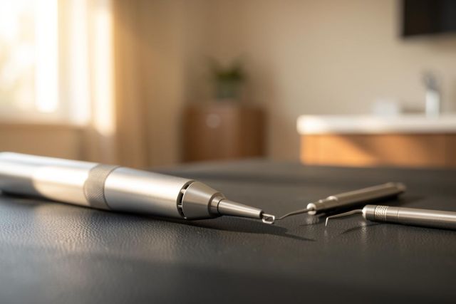 Professional silver dental instruments, including a dental handpiece and explorer, resting on a dark textured surface. The background features a softly blurred, sunlit dental office with warm natural light and wooden cabinetry, highlighting a clean clinical environment.