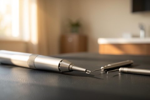 Professional silver dental instruments, including a dental handpiece and explorer, resting on a dark textured surface. The background features a softly blurred, sunlit dental office with warm natural light and wooden cabinetry, highlighting a clean clinical environment.