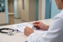 A healthcare professional in a white lab coat examines a small medicine vial at a desk in a bright medical clinic. A stethoscope and medical paperwork are visible on the table. The clean, professional clinical setting features a blurred hospital hallway in the background.