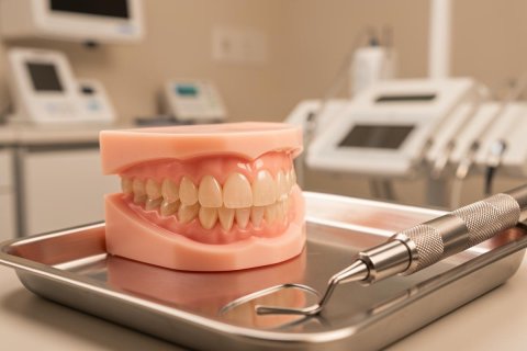 Close-up of a realistic dental model with pink gums and white teeth resting on a stainless steel tray in a dental clinic. A silver dental explorer tool lies beside the model. The background features blurred professional dentistry equipment in a clean medical office setting, highlighting oral health and dental care.