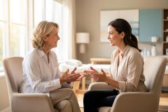 Two women engage in a focused conversation while sitting in armchairs within a bright, modern room. An older blonde woman and a younger brunette woman gesture with their hands, suggesting a professional consultation, counseling session, or heartfelt discussion. The scene is bathed in soft natural light from large windows, featuring a minimalist decor with neutral beige and white tones.