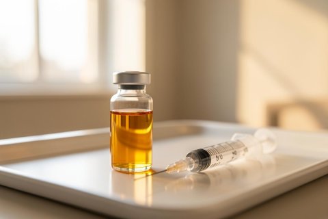 A medical glass vial filled with amber liquid and a syringe with a needle rest on a white tray. The bright, clinical setting features soft sunlight from a window, creating a warm atmosphere. This image is suitable for themes like vaccination, medicine, healthcare, and immunization.