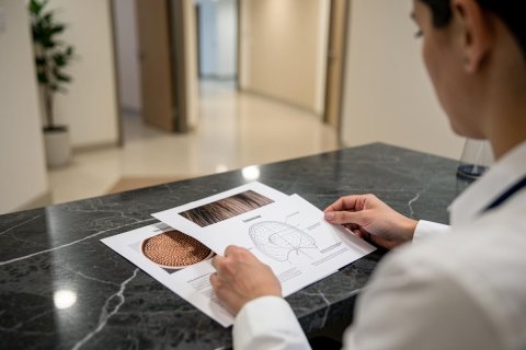 A medical professional in a white lab coat reviews hair loss diagnostic reports on a dark marble desk. The documents feature scalp diagrams and hair follicle close-ups, set within a bright, modern dermatology clinic or medical office. This professional setting emphasizes hair health consultation and clinical analysis.