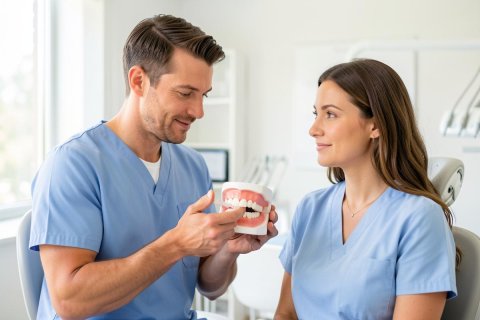 A professional male dentist in blue scrubs explains oral health using a dental model to a smiling woman in a bright, modern dental clinic. The clean, well-lit environment features medical equipment, emphasizing a friendly dental consultation and patient education session.