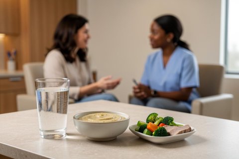 A nutritious meal of creamy soup, steamed vegetables, and a glass of water is displayed on a light table. In the blurred background, a healthcare worker in blue scrubs converses with a woman in a bright, clean indoor setting, evoking themes of wellness, healthy eating, and professional caregiving in an assisted living environment.