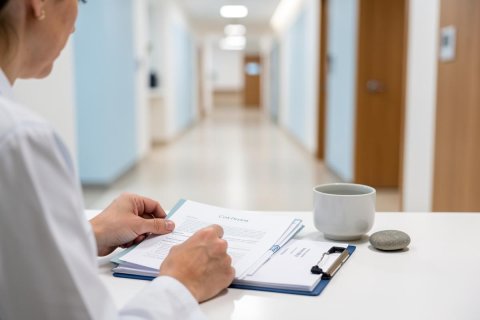 A doctor in a white lab coat carefully reviews medical documents on a blue clipboard in a bright clinic. The background shows a clean, out-of-focus hospital hallway. A white coffee mug and a smooth stone rest on the white desk, creating a professional and calm healthcare setting.