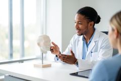 A professional Black male doctor wearing a white lab coat explains a medical condition to a patient using a white anatomical skull model. The scene takes place in a bright, modern clinic with large windows and natural light, emphasizing a professional healthcare consultation.