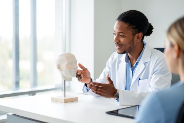 A professional Black male doctor wearing a white lab coat explains a medical condition to a patient using a white anatomical skull model. The scene takes place in a bright, modern clinic with large windows and natural light, emphasizing a professional healthcare consultation.