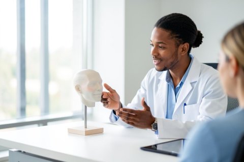A professional Black male doctor wearing a white lab coat explains a medical condition to a patient using a white anatomical skull model. The scene takes place in a bright, modern clinic with large windows and natural light, emphasizing a professional healthcare consultation.