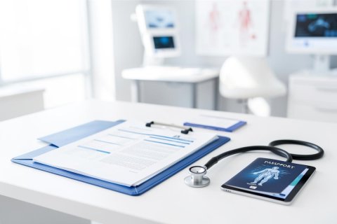 Professional medical office scene with a blue clipboard holding patient records, a stethoscope, and a digital tablet displaying a medical scan. Set in a bright, clean clinic with blurred medical monitors and equipment in the background, highlighting modern healthcare, digital health, and medical documentation.