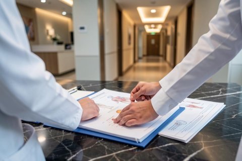 Two medical professionals in white lab coats discuss anatomical diagrams on a blue folder atop a dark marble counter. Set in a modern, brightly lit hospital or clinic hallway, the scene captures a professional healthcare consultation or medical teamwork in a clinical setting.