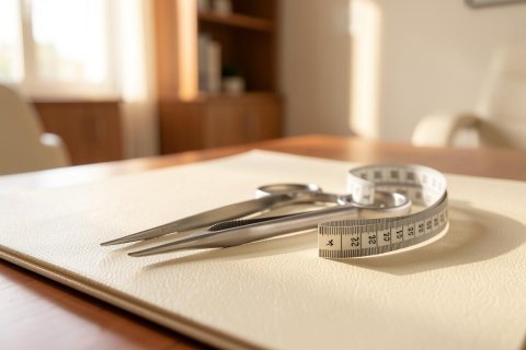 Professional silver metal tailor scissors and a white measuring tape lie on cream fabric over a wooden desk. Set in a bright, sunlit sewing workshop or fashion design studio, the warm natural light highlights the tools of craftsmanship, perfect for sewing, tailoring, and garment making themes.