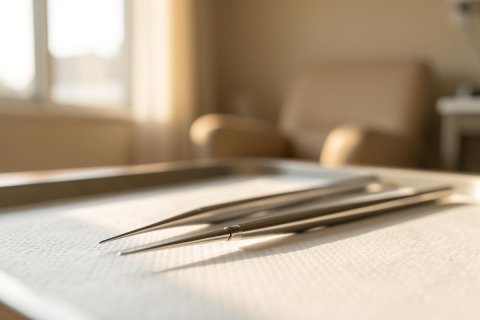 Close-up of professional metal tweezers resting on a white sterile medical tray. The scene is bathed in warm, soft sunlight within a blurred clinical or healthcare environment, featuring a beige chair and window in the background. This image captures a clean, professional medical setting suitable for healthcare and surgical themes.