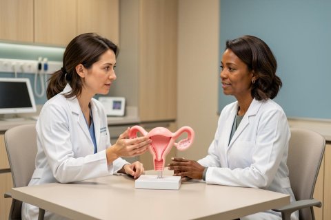 Two diverse female doctors in white lab coats sit at a table in a bright medical office, discussing a pink anatomical model of a human uterus. This professional clinical scene highlights reproductive health education and gynecological consultation between healthcare professionals in a modern healthcare setting.