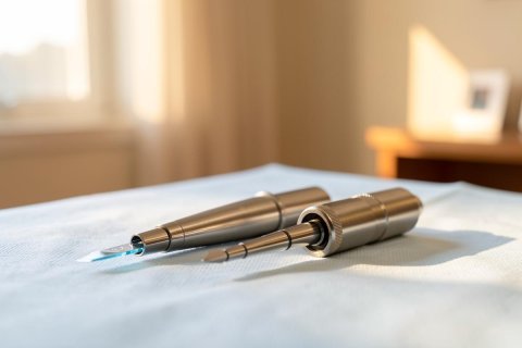 Close-up of two stainless steel medical or dental instruments resting on a sterile white surface. The scene is set in a brightly lit clinical room with warm sunlight streaming through a window in the soft-focus background. The metallic tools feature a sleek, professional design within a clean healthcare environment.