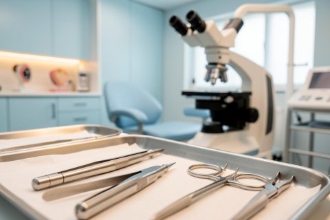 Stainless steel surgical tools on a sterile tray in a modern dental clinic. The background features a professional dental microscope, a blue medical chair, and light blue cabinetry in a bright, clean healthcare environment.