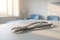 A professional close-up of silver metal dental forceps resting on a clean white surface in a bright dental clinic. The blurred background features blue medical chairs and soft sunlight from a window, conveying a sterile and modern healthcare environment.