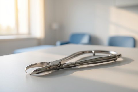 A professional close-up of silver metal dental forceps resting on a clean white surface in a bright dental clinic. The blurred background features blue medical chairs and soft sunlight from a window, conveying a sterile and modern healthcare environment.
