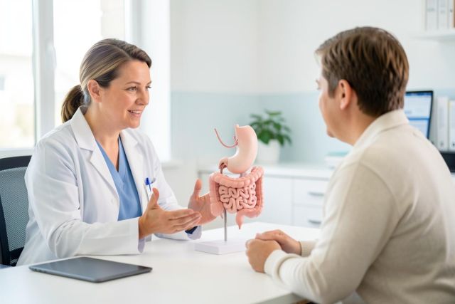 A female doctor in a white lab coat and blue scrubs conducts a medical consultation with a male patient in a bright, modern clinic. She uses a detailed anatomical model of the human stomach and intestines to explain digestive health. The clean, well-lit office setting emphasizes professional healthcare and patient education.