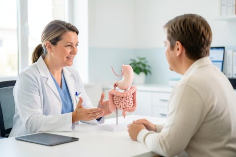 A female doctor in a white lab coat and blue scrubs conducts a medical consultation with a male patient in a bright, modern clinic. She uses a detailed anatomical model of the human stomach and intestines to explain digestive health. The clean, well-lit office setting emphasizes professional healthcare and patient education.