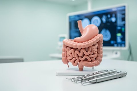 A detailed 3D anatomical model of the human digestive system, featuring the stomach and intestines, sits on a white table in a clinical setting. Silver medical instruments lie in the foreground, while a blurred monitor displaying diagnostic scans is visible in the background. The bright, clean environment emphasizes gastroenterology and medical healthcare technology.