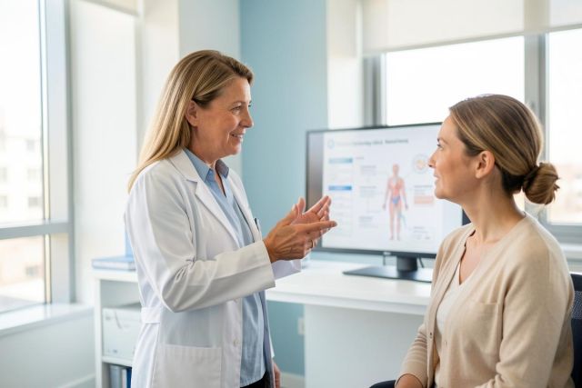 A professional female doctor in a white lab coat conducts a medical consultation with a female patient in a bright, modern clinic. A computer monitor displaying anatomical diagrams sits on a desk between them. The scene features soft natural lighting and a clean, professional healthcare setting.