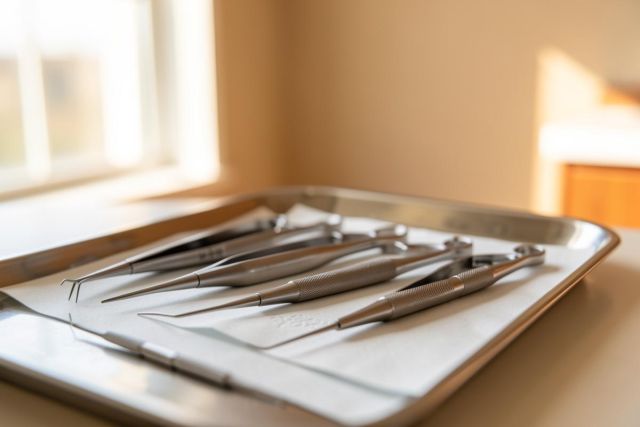 Professional silver dental instruments, such as mirrors and explorers, neatly arranged on a white paper-lined metal tray. The setting is a bright, clean dental clinic with warm neutral tones and soft natural light from a window in the blurred background. This medical equipment is essential for dental checkups and procedures.