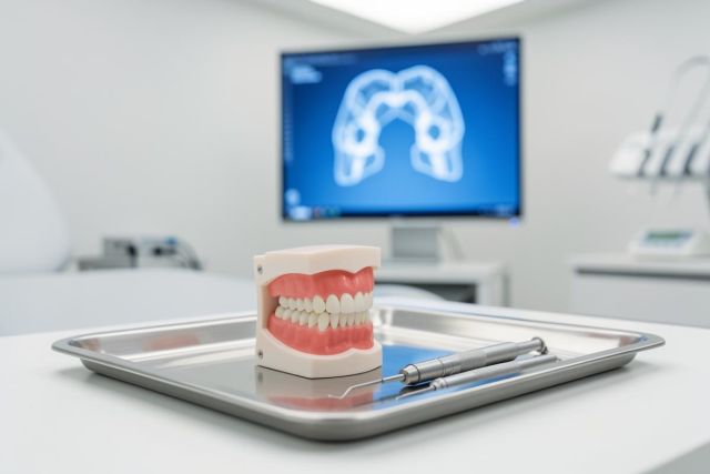 Professional dental clinic setting featuring a realistic tooth model on a stainless steel tray with dental tools. A large digital screen in the background shows a blue 3D dental scan. The bright, clean environment highlights modern dentistry, oral healthcare technology, and professional dental equipment.