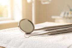 Professional silver dental instruments, including a dental mirror and probe, rest on a white sterile towel in a bright dental clinic. The sunlit, blurred background creates a warm yet clinical atmosphere, highlighting essential tools used for oral healthcare and dental examinations.