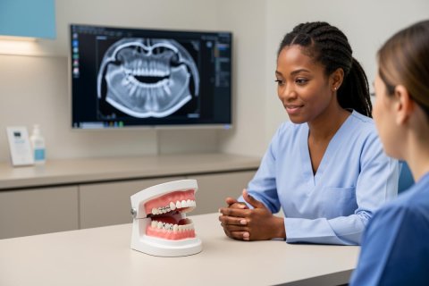 A professional Black female dental practitioner in light blue scrubs conducts a patient consultation in a modern dental clinic. A white dental model of teeth sits on the table, while a large monitor in the background displays a panoramic dental X-ray. The bright, clean environment emphasizes oral health education and professional dental care.