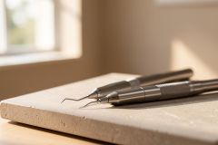 Close-up of two stainless steel dental tools resting on a light beige stone surface. The scene is bathed in soft, warm natural light from a nearby window, creating a bright and sterile atmosphere. The neutral color palette and shallow depth of field highlight the professional medical instruments in a clean, clinical setting.