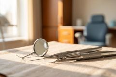 Professional dental tools, including a silver dental mirror and explorer, lie on a textured surface in a bright dental clinic. The sunlit room features a blurred blue dental chair and medical cabinetry in the background, emphasizing a clean and prepared healthcare environment.