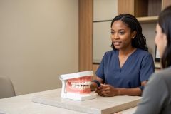 A professional Black female dentist wearing blue scrubs conducts a dental consultation in a clean, bright clinic. She uses a realistic dental model of teeth to explain procedures to a patient. The setting features neutral tones and a professional medical environment.