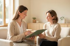 Two women engaged in a professional consultation or supportive conversation, sitting in neutral-toned armchairs in a bright, minimalist room. One woman points to a green clipboard while looking at her companion. The scene features soft natural lighting, beige furniture, and a calm atmosphere, ideal for themes of counseling, coaching, or business meetings.