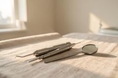 Professional stainless steel dental instruments, featuring a dental mirror and explorer, resting on a textured beige cloth. The scene is captured in a bright, sunlit dental clinic with warm, soft lighting, highlighting a clean and professional medical environment for oral healthcare.