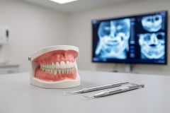 A detailed dental model of teeth and gums sits on a white table alongside silver dental instruments. In the blurred background, a large monitor displays blue dental X-ray scans within a clean, professional dental clinic setting.