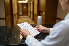 A person in a white shirt holds a printed document over a dark marble countertop. A silver pump bottle stands next to the paper in a professional setting. The background features a blurred, warm-toned hallway, suggesting a medical, clinical, or hospitality environment.