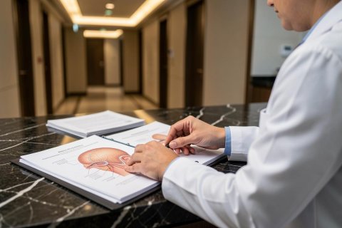 A medical professional in a white lab coat reviews an anatomical diagram in a binder on a black marble desk. The setting is a bright, modern clinic or doctor's office with a blurred hallway in the background. The focus is on the hands pointing to medical details, highlighting healthcare consultation and expertise.
