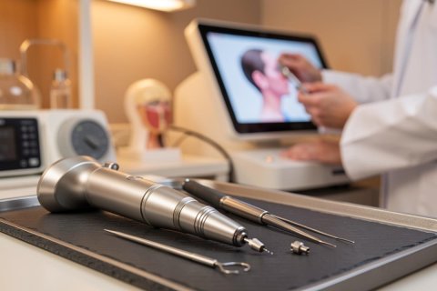 Professional silver medical and dental instruments rest on a tray in the foreground. The background shows a blurred healthcare professional in a white lab coat using a digital monitor displaying a facial profile, indicating an aesthetic or medical procedure in a clean, modern clinic environment.