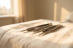 A close-up shot of professional stainless steel surgical or dental instruments resting on a textured beige fabric. The scene is illuminated by warm, natural sunlight streaming from a window, creating soft shadows and a calm, clinical atmosphere with neutral tones.