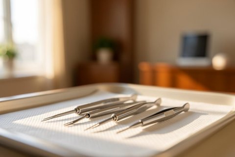 Close-up of professional stainless steel dental instruments resting on a white sterile tray. The metallic tools are illuminated by soft, natural sunlight in a bright dental clinic. The blurred background shows a clean medical office environment, highlighting themes of oral healthcare, dentistry, and precision.