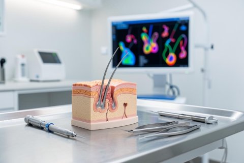 A 3D anatomical model showing human skin layers and hair follicles sits on a stainless steel medical tray with surgical tools. The background features a bright clinical environment and a monitor displaying colorful medical imaging, perfect for dermatology, skincare science, and medical research contexts.
