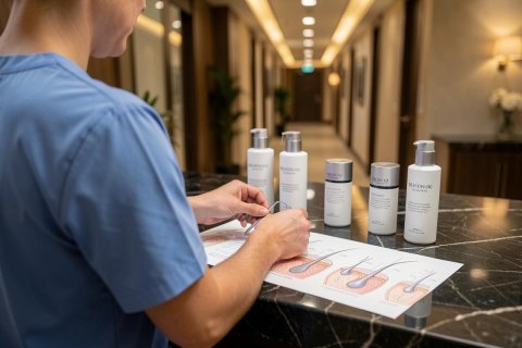 A healthcare professional in blue scrubs reviews a hair follicle diagram during a skincare consultation. White cosmetic bottles are arranged on a dark marble countertop in a bright, upscale clinic or spa. The modern, well-lit hallway background provides a professional and clean medical environment.