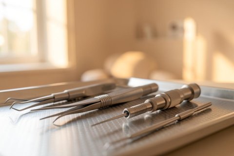 Professional stainless steel dental instruments and medical tools arranged on a sterile metal tray. This close-up view features silver probes and tweezers in a bright, warm clinic setting with soft natural sunlight streaming through a window, creating a clean and professional healthcare atmosphere.