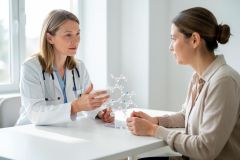 A professional female doctor in a white lab coat and stethoscope explains a medical concept to a patient using a molecular model on a table. Set in a bright, modern clinic, the image captures a healthcare consultation focused on science and patient care with clean, neutral colors.