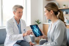 A female doctor in a white lab coat discusses genetic information with a patient in a bright, modern clinic. The doctor points to a digital tablet displaying a glowing blue DNA double helix. This professional medical consultation features soft lighting and a clean healthcare environment, highlighting advanced genetic testing and digital health technology.