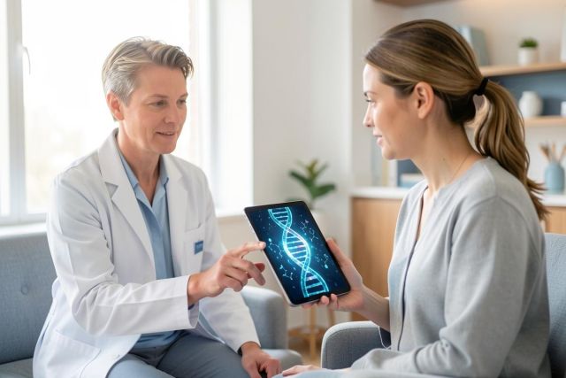 A female doctor in a white lab coat discusses genetic information with a patient in a bright, modern clinic. The doctor points to a digital tablet displaying a glowing blue DNA double helix. This professional medical consultation features soft lighting and a clean healthcare environment, highlighting advanced genetic testing and digital health technology.