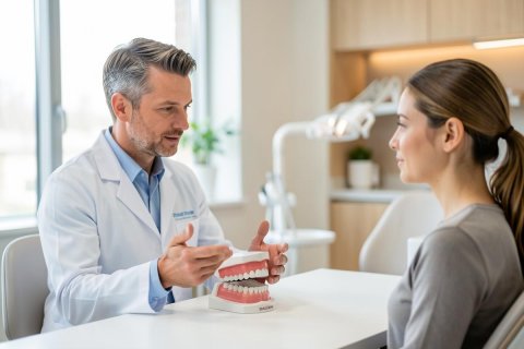 A professional male dentist in a white lab coat conducts a consultation with a female patient in a bright, modern dental office. The dentist uses a detailed dental model of teeth and gums to explain oral health procedures. The scene features soft natural lighting and a clean, clinical environment, emphasizing professional dental care and patient education.