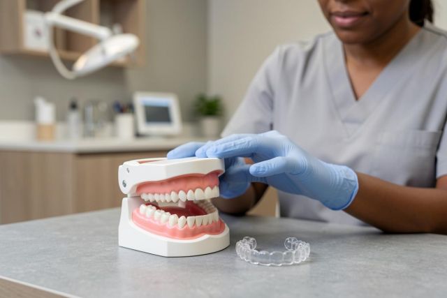 A dental professional in grey scrubs and blue gloves holds a realistic dental model of teeth in a modern clinic. A clear orthodontic aligner lies on the table nearby. The bright, professional setting emphasizes dental care, orthodontic treatments, and oral health education.