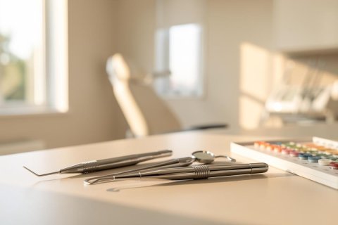 A close-up view of professional stainless steel dental instruments, including a probe, tweezers, and a dental mirror, resting on a clean white surface. The background shows a brightly lit, blurred dental clinic setting with a dental chair and window, creating a clean, sterile, and professional medical environment with warm natural light.